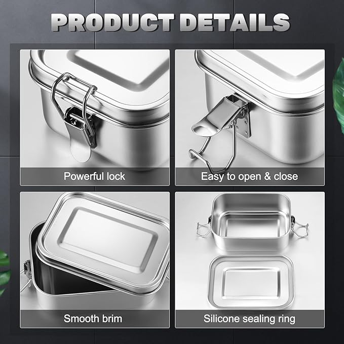 Umigy 4 Pcs Stainless Steel Food Containers Metal Bento Lunch Box Stainless Steel Food Storage Containers, Lockable Clips to Leak Proof, Reusable Dishwasher Snack Boxes for Work (550ml)