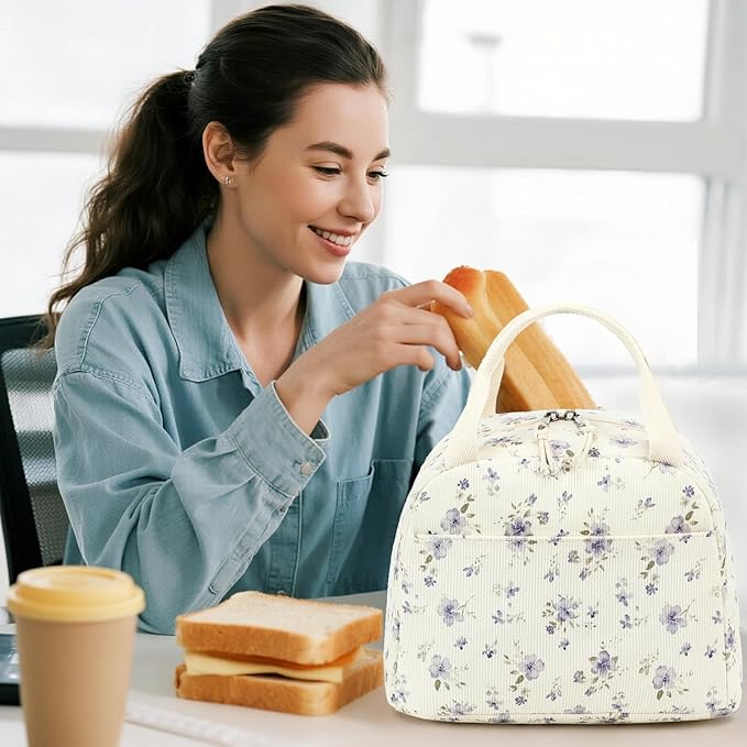 BTOOP Lunch Box for Women Men Cute Corduroy Lunch Bags Large Capacity Insulated Lunch Tote Bag For Work Travel Or Picnic (Grace Purple Flower)