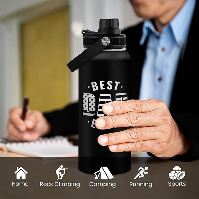 Best Dad Ever Water Bottle 32oz - Dad Bottle Stainless Steel Insulated Sports Bottles with Lid, Gifts for Father from Daughter Son, Dad Gifts for Birthday Christmas Fathers Day