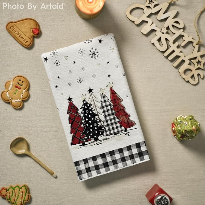 Artoid Mode Buffalo Plaid Merry Christmas Kitchen Towels Dish Towels, 18x26 Inch Winter Xmas Trees Star Decoration Hand Towels Set of 2