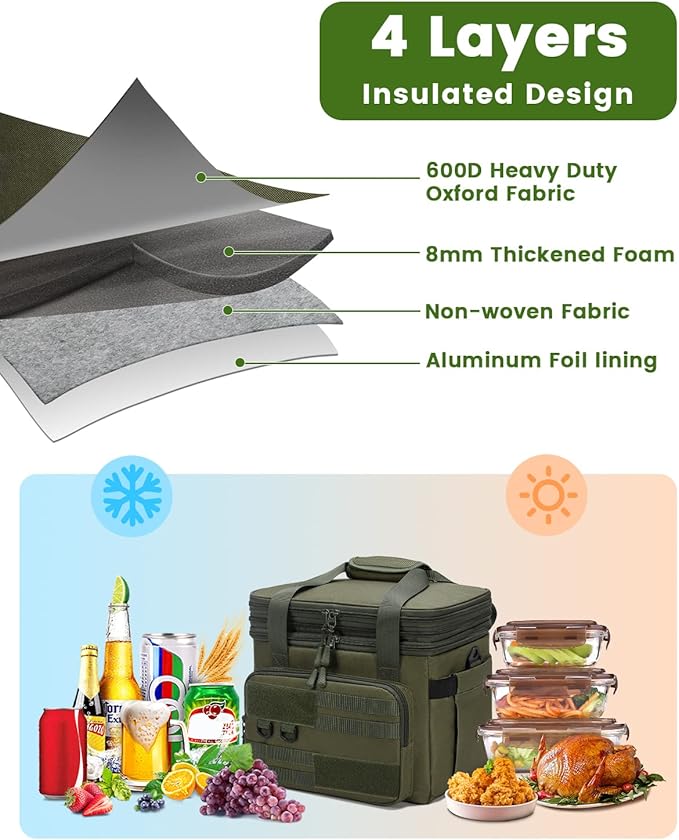 RalChyez Tactical Lunch Bag, 20L Large Heavy Duty Double Deck Insulated Lunch Box Leakproof Expandable Tote Cooler with Shoulder Strap for Adult Men Women Work Fishing Picnic Travel Green