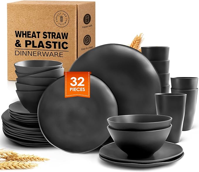 Teivio 32-Piece Kitchen Plastic Wheat Straw Dinnerware Set, Service for 8, Dinner Plates, Dessert Plate, Cereal Bowls, Cups, Unbreakable Colorful Plastic Outdoor Camping Dishes, Black Matte