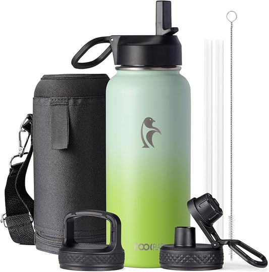 Water Bottle 32 oz Insulated with Straw, Coolflask Stainless Steel Metal 3 Lids Water Flask Wide Mouth for Sports or Office, Non-BPA Keep Cold Up to 48 Hrs or Hot Up to 24 Hrs, Ombre Green