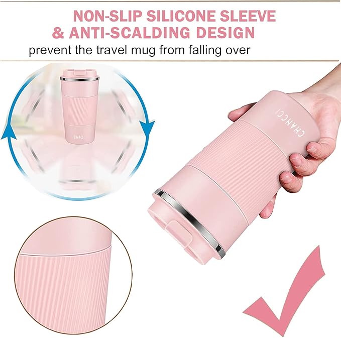 Travel Coffee Mug Spill Proof Leakproof 12 oz Insulated Coffee Mug with Screw Lid, Stainless Steel Vacuum Tumbler Reusable Thermal Coffee Cup to go for Hot and Cold Drinks -380ml, Pink