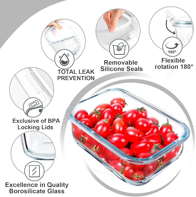 VERONES 5 Pack 36 OZ Glass Meal Prep Containers, Airtight Glass Lunch Containers Set, Food Storage Containers with Lids,Exclusive of BPA, for Microwave, Oven, Freezer & Dishwasher Friendly,White