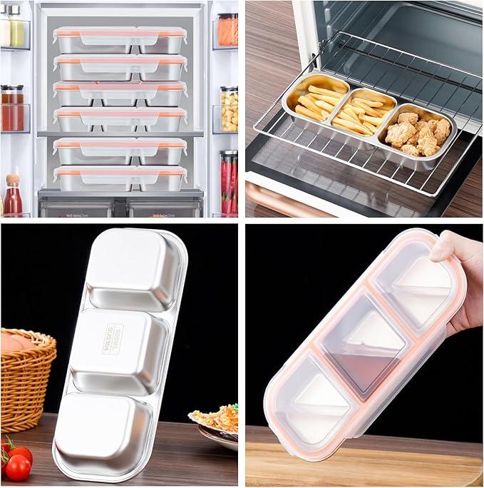 Stainless Steel Snack Box Containers, Reusable 3 Compartment Condiment Box with Lids, Food Container Sauce Cups, Divided Food Storage Containers for Home and Travel (Clear Lid)