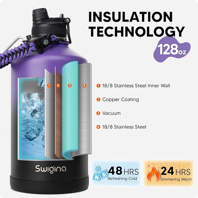 [2-IN-1 LID] Gallon Insulated Water Bottle with Silicone Boot (48hrs Cold/24hrs Hot) - DIY Stickers, Leakproof, BPA Free, 128 oz