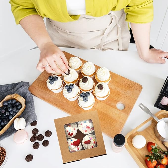 30-Set Cupcake Boxes Bulk with Clear Display Window Hold 4 Standard Cupcakes, Disposable Food Grade Brown Cupcake Carrier Cupcake Container, Perfect for Cupcakes Muffins Cookies Pastries