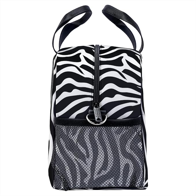 Zebra Black and White Stripes Lunch Bag for Women Men Cute Large Capacity Thermal Lunch Tote Reusable Washable with Adjustable Shoulder Strap and Dual Large Mesh Side Pockets