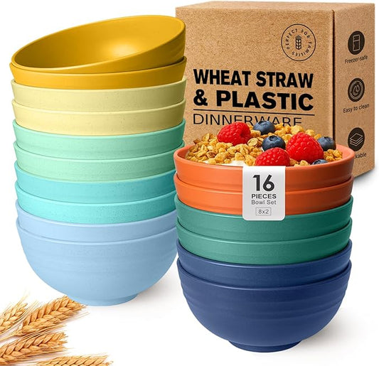 Teivio 16-Piece Cereal Bowls,26oz Wheat Straw Bowls Set, Unbreakable Durable Plastic Bowls for Kitchen, Camping, Kids Salad Snack Bowl Reusable,Dishwasher Safe, Multicolor