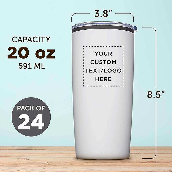 Custom Plastic Tumblers 20 oz. Set of 24, Personalized Bulk Pack - With lids, Ice Coffee Tumbler, To Go Cup, Insulated - White