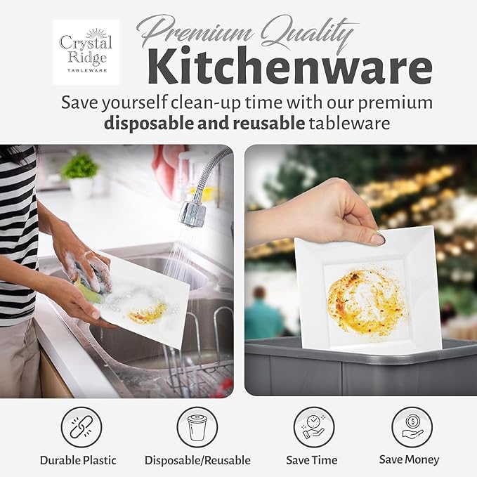 60 Pieces Square White Plastic Disposable Plates - Premium Heavy-Duty 30 Dinner Plates & 30 Salad Plates Ideal for Party, Birthday and Special Events