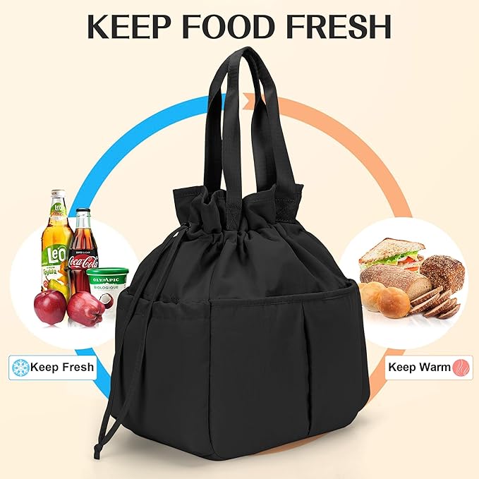 VS VOGSHOW Cute Lunch Bag Women Reusable Insulated Drawstring Lunch Bag 16 Cans Large Capacity Lunch Box for Work Picnic Outdoor (Black)