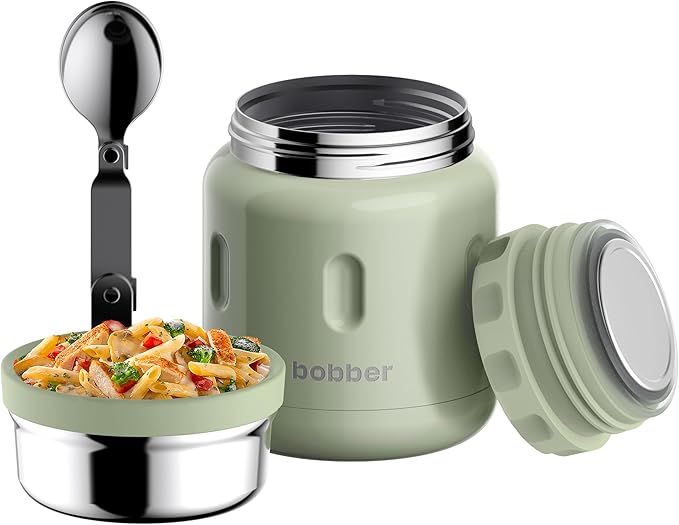 BOBBER 16 oz Insulated Stainless Steel Thermos for Hot Food, Extra-Wide Mouth Soup Container with Spoon and Bowl - Keeps Rice and Pasta Hot for 10 Hours and Salads Cold for 15 Hours (Green)