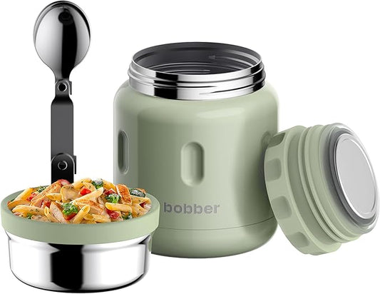 BOBBER 16 oz Insulated Stainless Steel Thermos for Hot Food, Extra-Wide Mouth Soup Container with Spoon and Bowl - Keeps Rice and Pasta Hot for 10 Hours and Salads Cold for 15 Hours (Green)