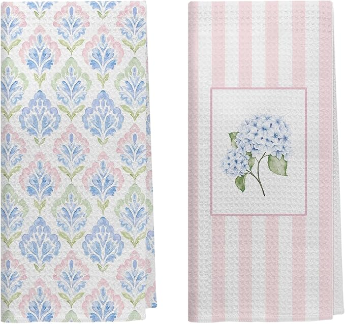 Pink and Blue Grandmillennial Hydrangea Floral Kitchen Dish Towels, Pink Striped Flower Decorative Hand Towels for Bathroom Kitchen, Preppy Floral Bathroom Decor, 16x24 Inch Set of 2