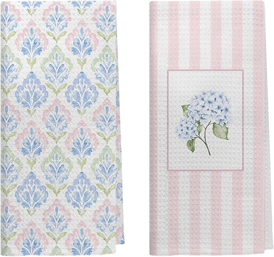 Pink and Blue Grandmillennial Hydrangea Floral Kitchen Dish Towels, Pink Striped Flower Decorative Hand Towels for Bathroom Kitchen, Preppy Floral Bathroom Decor, 16x24 Inch Set of 2