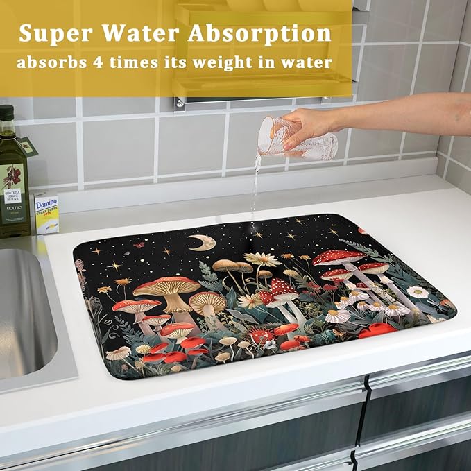 Black Mushroom Dish Drying Mat for Kitchen Counter Leaves Botanical Microfiber Dish Rack Mat Drainer Pad Washable Absorbent Dry Mat 18×24 Inch