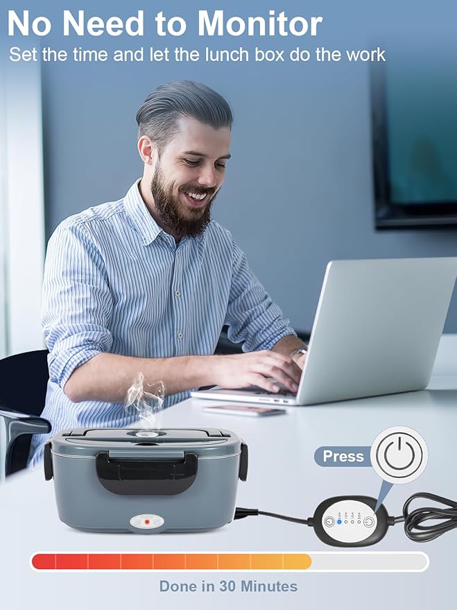 80W Electric Lunch Box with Heating Time Controller, 1.5L Portable Food Warmer for Adults/Men/Work, 12V/24V/110V Heated Lunch Box for Car/Truck with Fork & Spoon and Insulated Bag