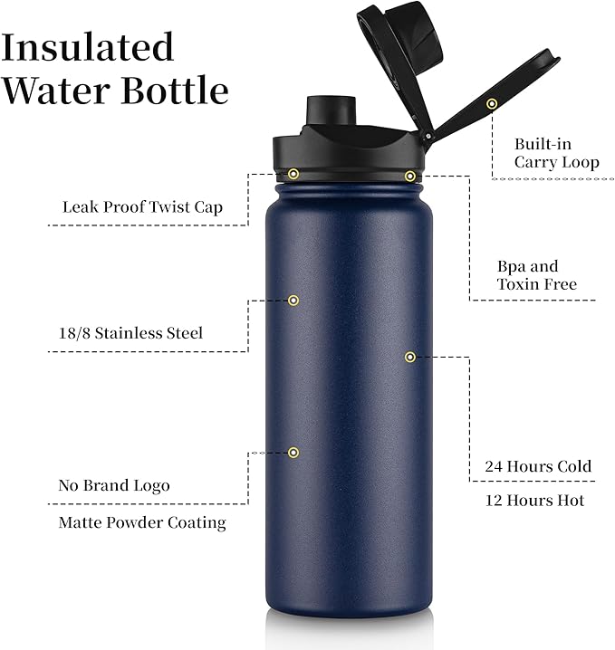 24 oz Insulated Water Bottle with Straw Lid & Wide Mouth Lids, Stainless Steel Sports Water Bottles, Double Walled Vacuum, Leak Proof, Blue Black Gradient