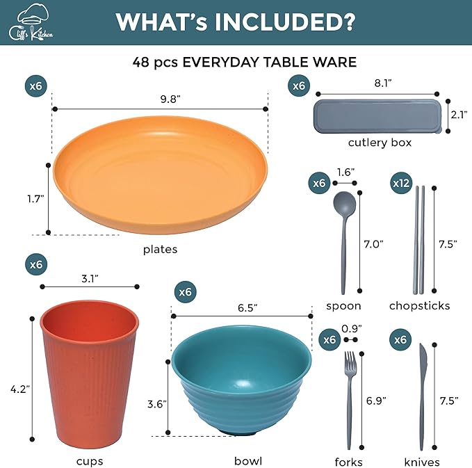 48 Pcs Wheat Straw Dinnerware Sets for 6- Unbreakable Dinnerware Set with Large Plates, Bowls and Cups-BPA Free, Lightweight, Microwave Safe Wheat Straw Plates and Bowls Sets, RV Camping Dishes