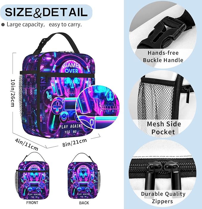 Video Game Insulated Lunch Box for Boys Girls Portable Game Lunch Bag for Kids Adult Teens School Work Office Travel Picnic Hiking Beach Cooler Reusable Waterproof Gaming Lunchbox