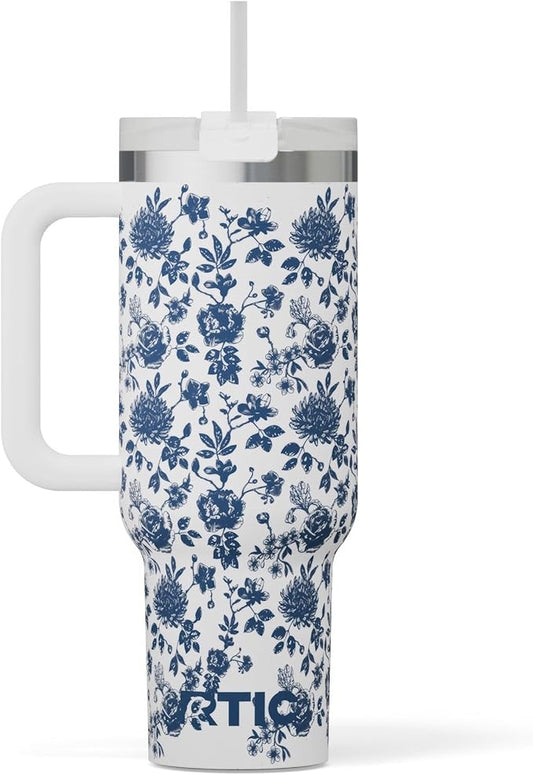 RTIC 40 oz Road Trip Tumbler Double-Walled Cermaic Lined Insulated Stainless Steel Portable Travel Coffee Mug Cup with Lid, Handle and Straw, Blue Bouquet