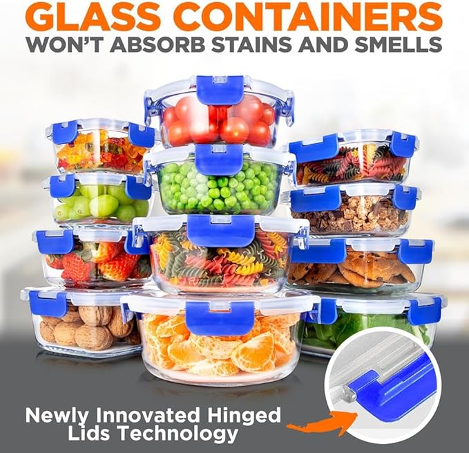 SereneLife 24 Piece Glass Storage Containers with Lids, 12 Pack Glass Meal Prep Container Set for Lunch, Kitchen Storage, Food Storage, Leak Proof, Freezer Safe and Dishwasher Safe, Blue