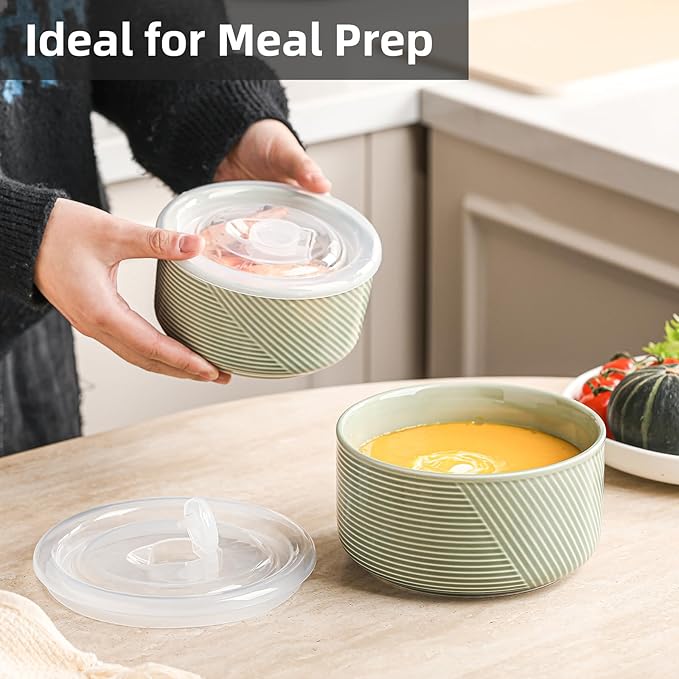 Ceramic Nesting Bowls with Lid: Microwave Safe Food Storage Containers for Work Lunch Picnic Camping Meal Prep Soup Salad Cereal Leftovers - 5 & 6 Inch, 20 & 32 oz, Set of 2, Green