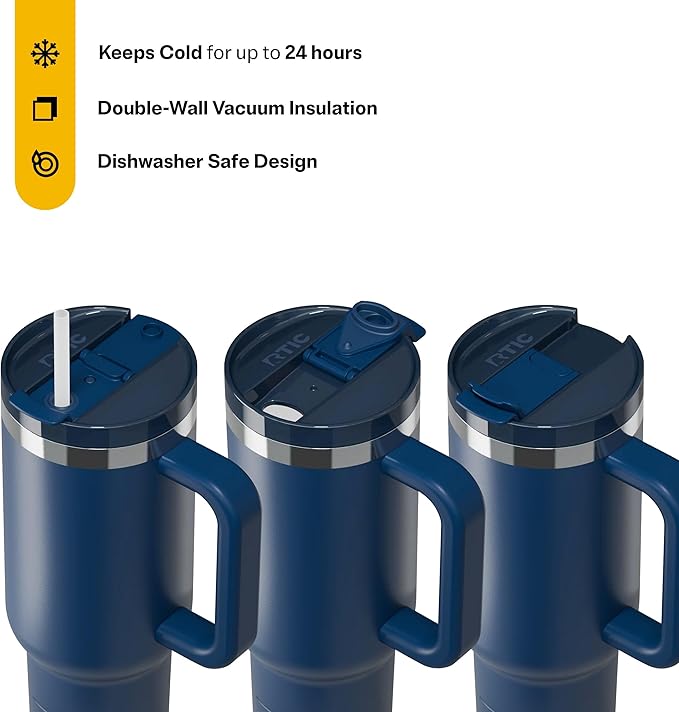 RTIC 40 oz Road Trip Tumbler Double-Walled Cermaic Lined Insulated Stainless Steel Portable Travel Coffee Mug Cup with Lid, Handle and Straw, Navy