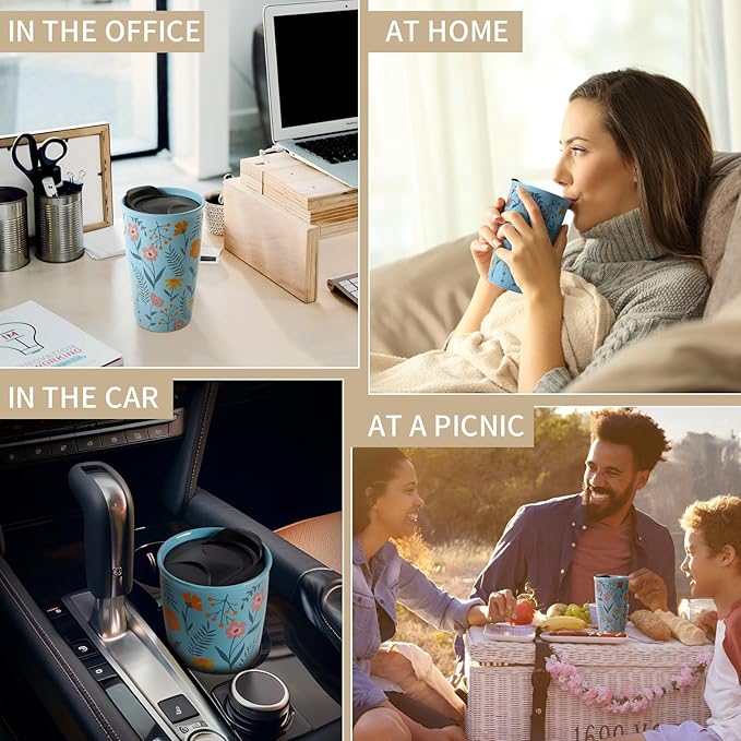 ANTIS'S HOME Ceramic Travel Coffee Mug, Double Wall Blue Floral Tumbler 9.6oz, Microwave & Dishwasher Safe, Splash-Resistant, Reusable Coffee & Tea Cup