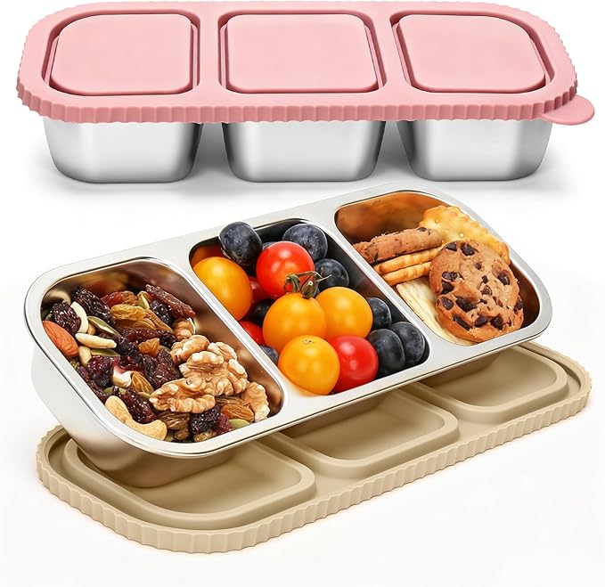 ﻿ 3 Compartment Stainless Steel Snack Containers with Silicone Lids, Reusable Food Storage Containers ，snackle box container for School ，Travel, Outdoor, Camping.