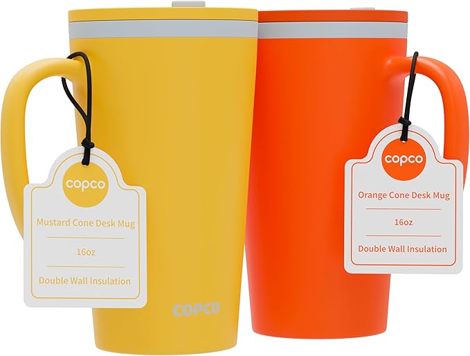 Copco Cone Desk Mug, 16 Ounce (Set of 2) - Double Wall Insulated Mug Set with Lid and Handle, Microwave & Dishwasher Safe, BPA-Free Mug, Desk-Friendly & Car Cup Holder Compatible (Orange/Mustard)