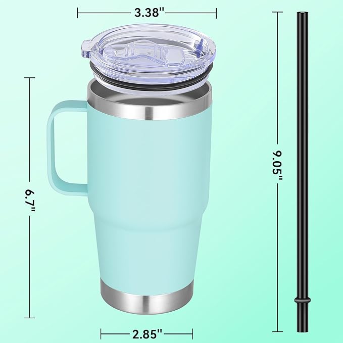20 oz Stainless Steel Tumbler with Handle Bulk Metal Insulated Tumblers Travel Coffee Mug with Handle Double Wall Tumbler Cup with Lid and Straw, Mint Green 12 Pack
