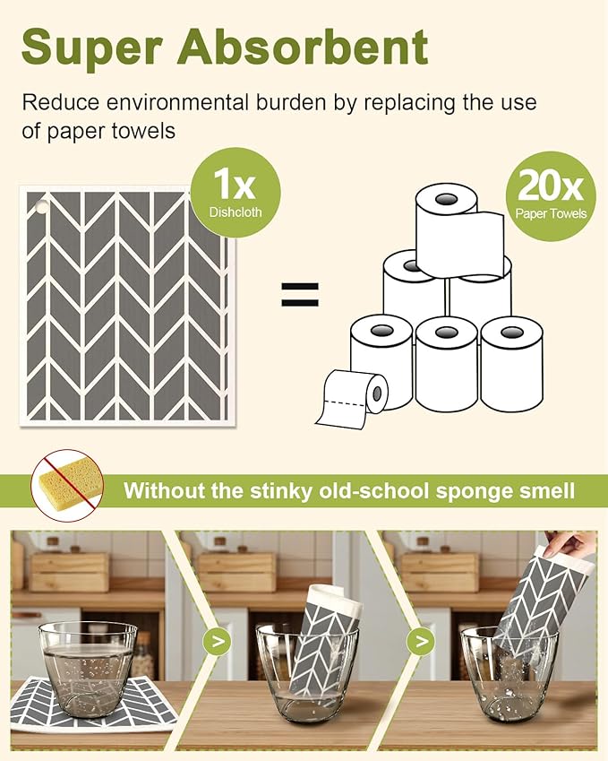 6 Pack Swedish Dishcloths for Kitchen - Reusable Dish Cloths for Washing Dishes Absorbent Cute Funny Kitchen Towels Cleaning Sponge, Grey Checked