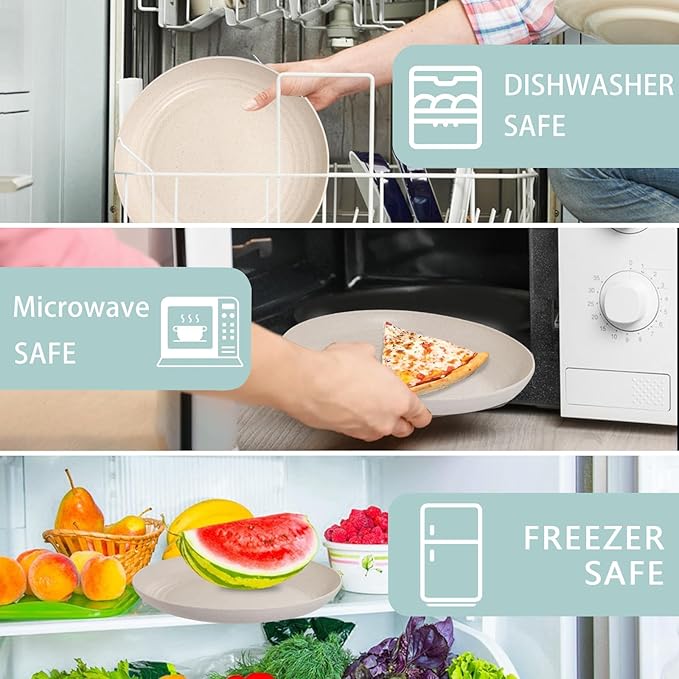 supernal 16pcs 10" Wheat Straw Plates,Deep Dinner Plates,Unbreakable Dinner Plates,Plastic Plates Reusable,Lightweight Microwave Dishwasher Safe-Beige,Blue,Pink,Green for Picnic,Birthday,Camping