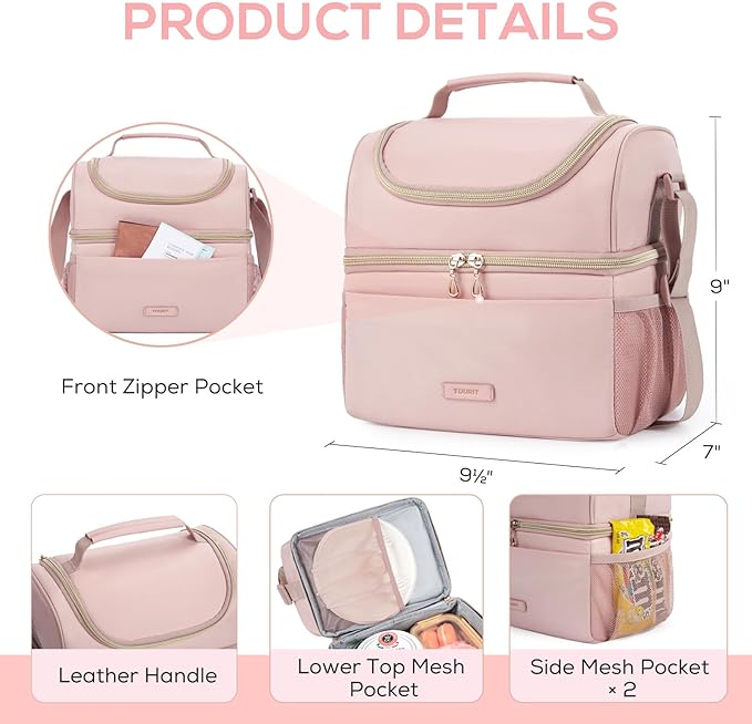 TOURIT Insulated Lunch Bag with Dual Compartment, Leakproof Cooler Tote for Work Office Picnic, Thermal Food Container Pink