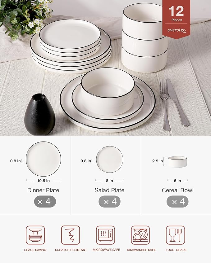 Famiware Porcelain Dinnerware Set, 12-Piece Modern Plate and Bowl Set, Dish Set for 4, Microwave and Dishwasher Safe Tableware, White with Black Trim