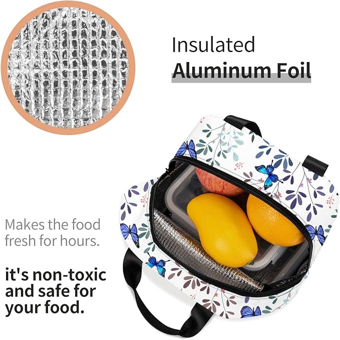 Butterfly Insulated Lunch Bag with Front Pocket,Reusable Cooler Tote with Zipper Use for Men & Women Camping/Hiking/Picnic/Beach/Travel