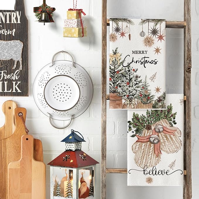 Artoid Mode Beige Xmas Tree Merry Christmas Kitchen Towels Dish Towels, 18x26 Inch Holiday Gloves Ball Hello Winter Decoration Hand Towels Set of 4