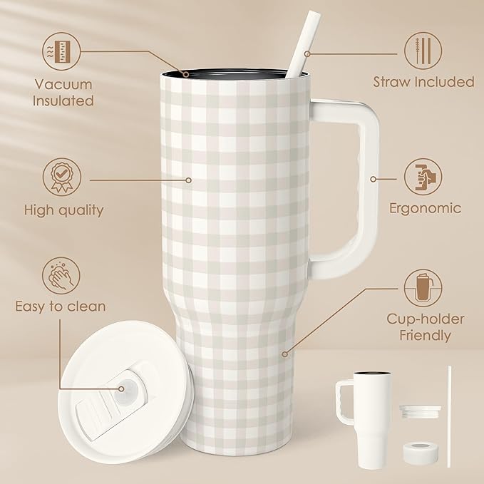 Grey Gingham 40oz Slider Tumbler with Handle and Straw - Insulated Stainless Steel Travel Coffee Mug for Women Girls, Gift for Birthday, Christmas