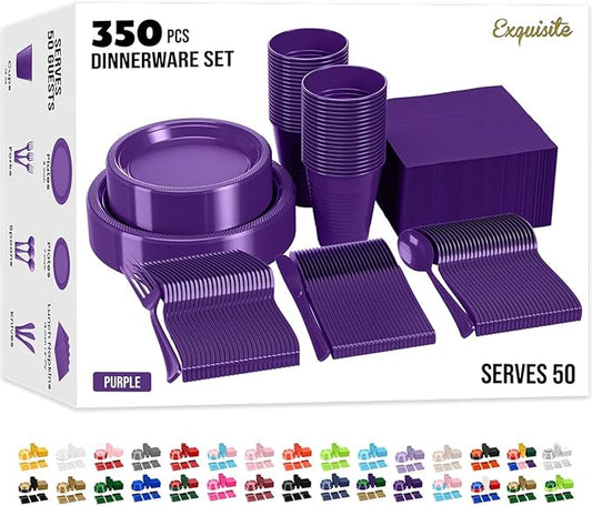 Party Solids 350 Pieces Purple Plastic Plates For Party, Purple Disposable Plates Set, 50 Of Each 9" Dinner Plate Set, 7" Dessert Plate, Cups, Napkins & Cutlery Plastic Dinnerware