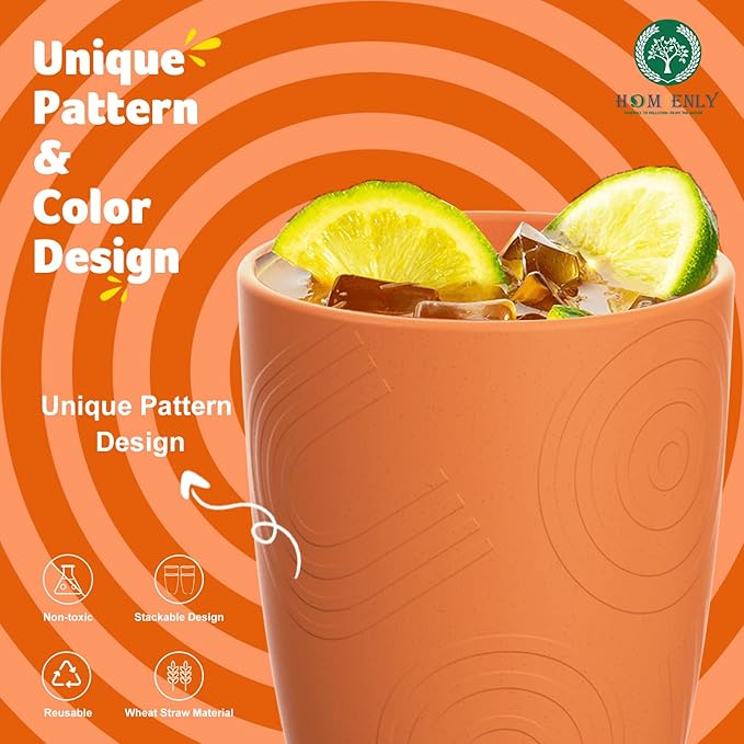 Homienly Plastic Cups Reusable Wheat Straw Cups 8 PCS a Good Alternative Plastic Water Glasses Unbreakable Drinking Cup Reusable Dishwasher Safe Microwave Safe Cups with Orange Color (12 OZ)