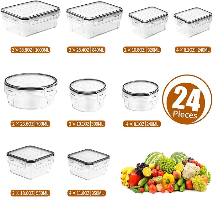 PRAKI 48 Pack Food Storage Containers with Airtight Lids (24 Containers & 24 Lids), Kitchen storage containers for Pantry Organizers and Storage, Meal Prep Container with Labels & Marker