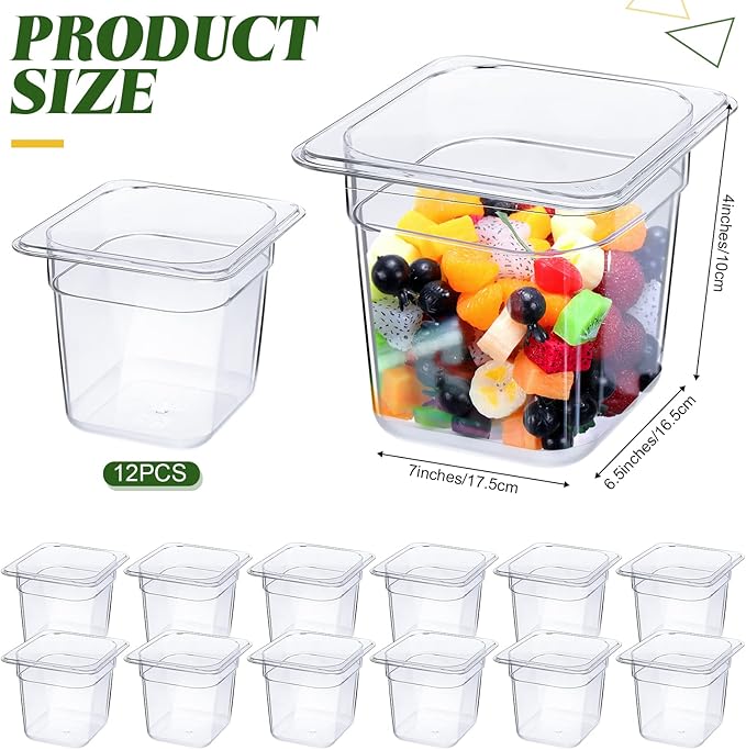 Yinder 12 Pcs Plastic Clear Food Pans 1/6 Size Stackable Polycarbonate Food Containers with Capacity Indicator Restaurant Commercial Hotel Pan for Fruits Vegetables Beans Corns (4'' Deep)