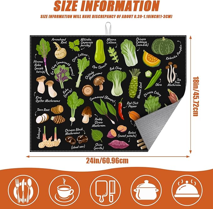 Vegetables Dish Drying Mat for Kitchen Counter Microfiber Absorbent Dish Kitchen Drying Mat Draining Reusable Washable for Dishes/Utensils/Counterto