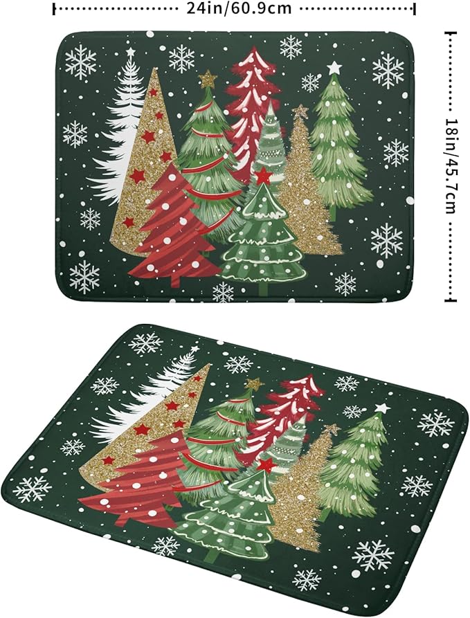 Christmas Dish Drying Mats 18x24, Farmhouse Gold Red Xmas Pine Trees Winter Holiday Washable Microfiber Absorbent Dishes Drainer Rack Pad for Coffee Machine Bar Sink Counter