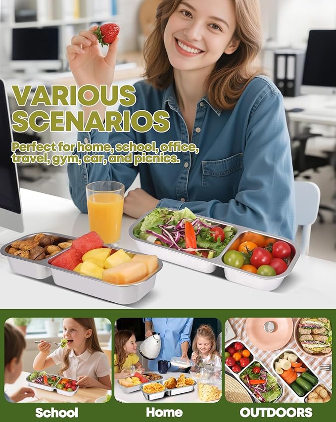 2Pack Stainless Steel Snack Containers for Kids Adults, Reusable Double Compartment Snackle Box Container with Leakproof Lids Metal Bento Lunch Food Snack Box for Travel Picnics Camping Office School