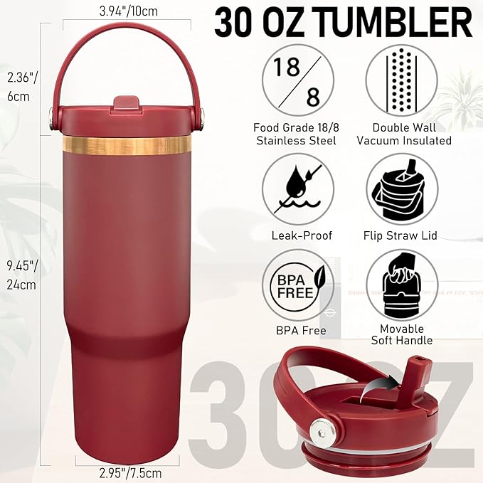30 oz Tumbler with Handle and Straw, Vacuum Insulated Tumblers with Flip Straw and Top Handle, Leakproof Powder Coated Tumbler, Stainless Steel Travel Mug for Coffee Water (Red, 1 Pack)