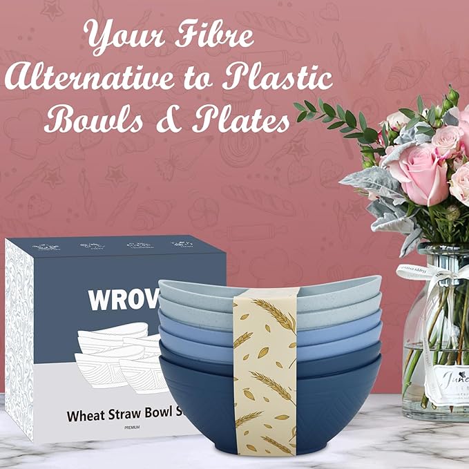 Wrova 65oz Big Wheat Straw Bowls - Large Salad Bowls set of 6 - Unbreakable Serving Bowls - Microwave & Dishwasher Safe - Oval Bowls for Cereal,Salad,Fruit - Ocean Series